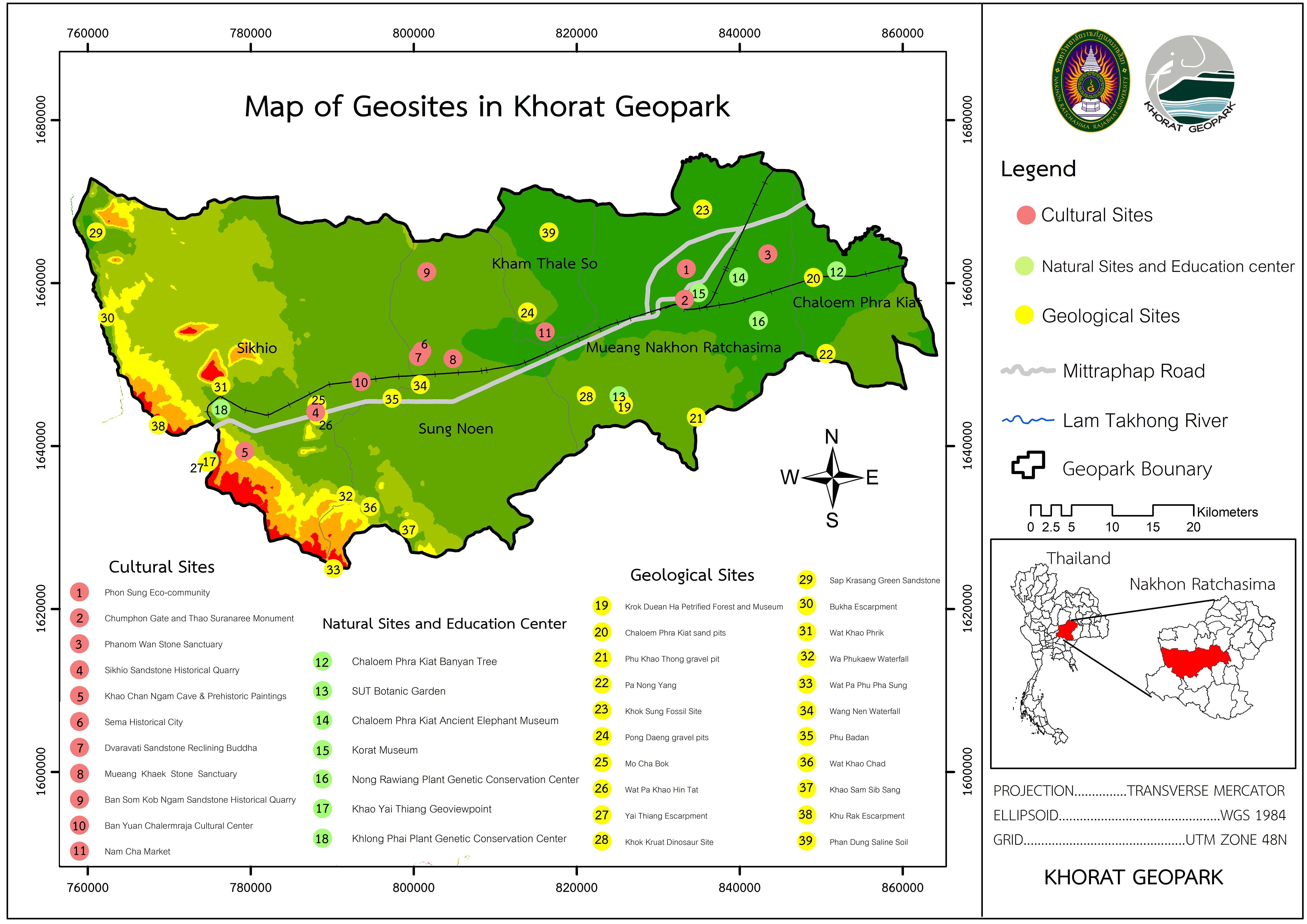 Map of Geosites in Khorat Geopark